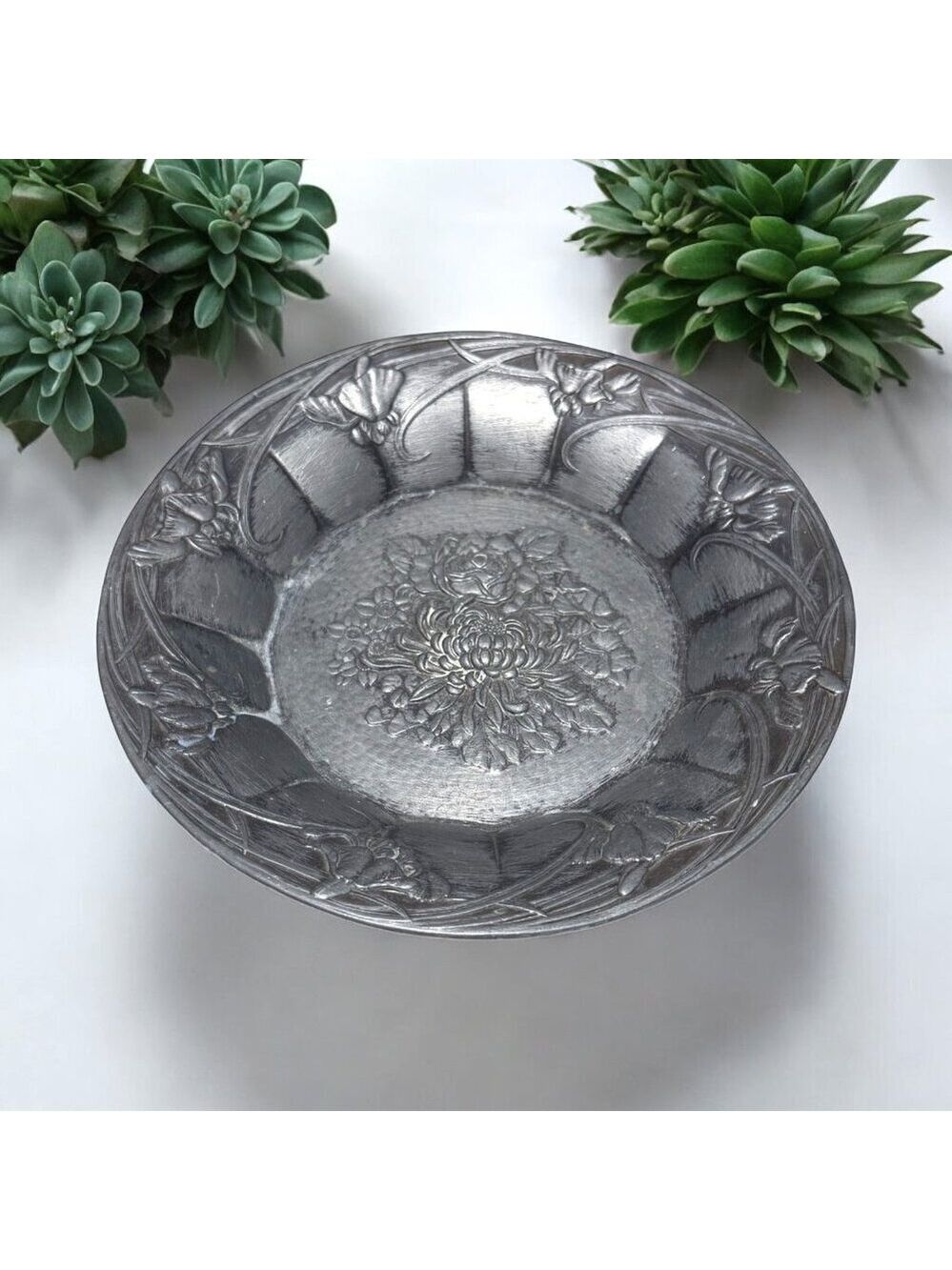 Vintage Japanese Embossed Metal Floral Relief Plate 7 in